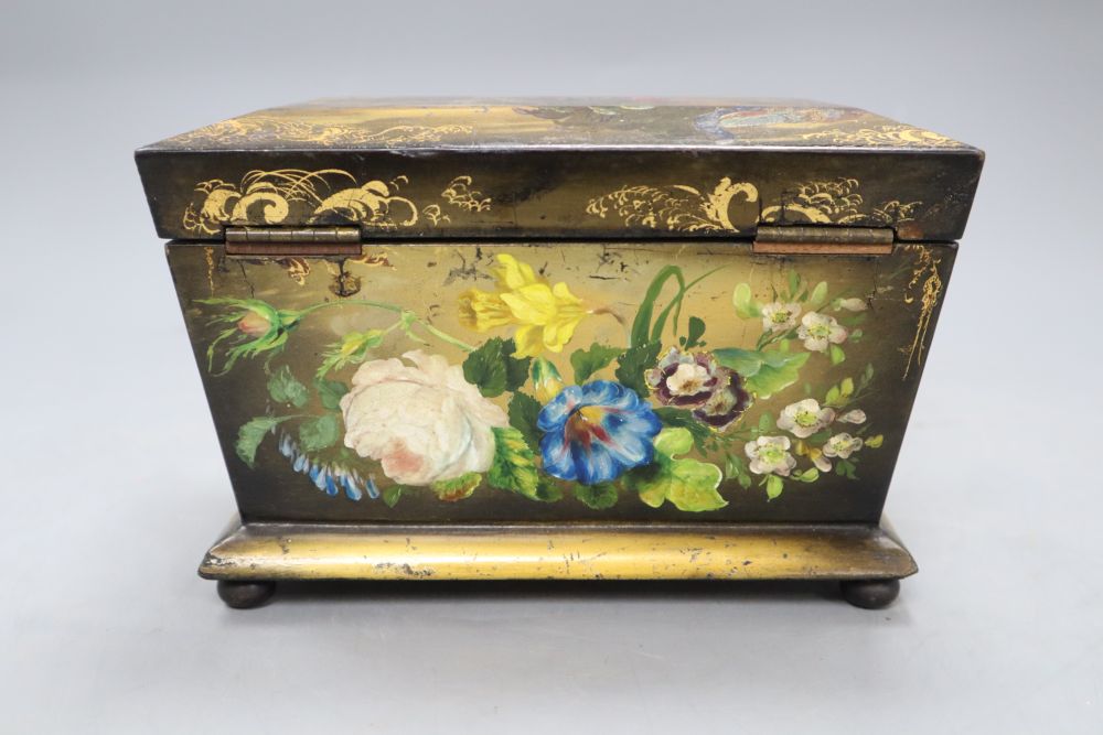 A Victorian floral painted papier mache tea caddy, length 20cm